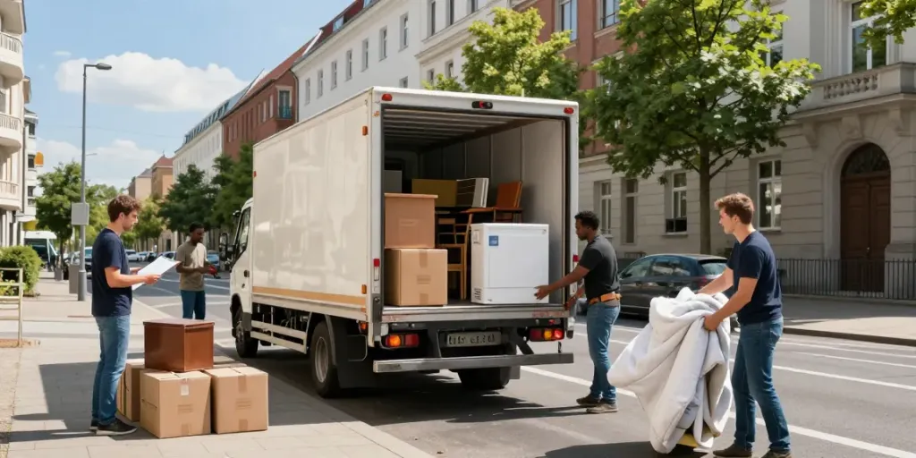 Professionelles Team bei der Wohnungsauflösung Berlin, Möbel und Kartons werden sicher verladen.