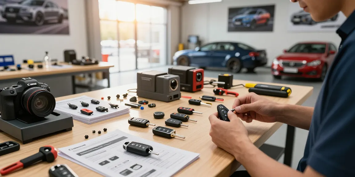 Experte erstellt Schlüssel für Auto in modernem Garagenraum mit verschiedenen Werkzeugen.