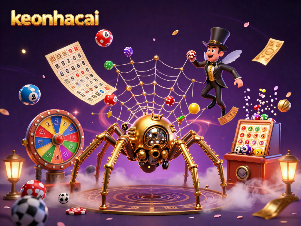 Experience keonhacai's thrilling atmosphere with a steampunk spider catching dice and vibrant gambling elements.