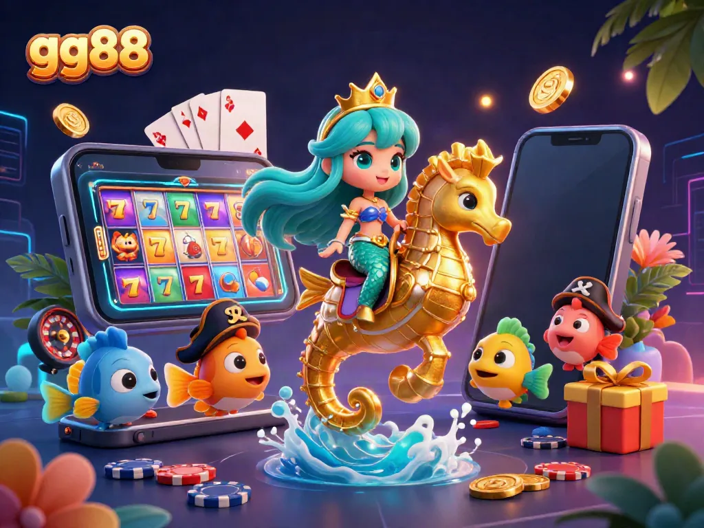 Experience thrilling gameplay with gg88 as the mermaid princess rides a seahorse amid slot games and casino elements.