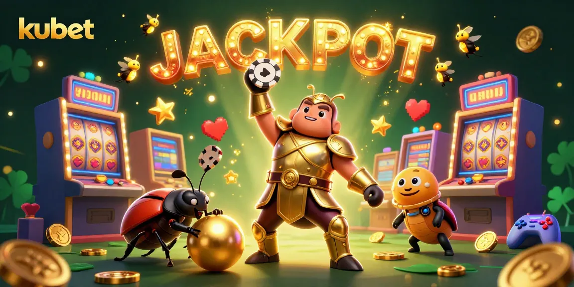 Experience thrilling spins at kubet with an energetic digital illustration of a hercules beetle celebrating a jackpot.