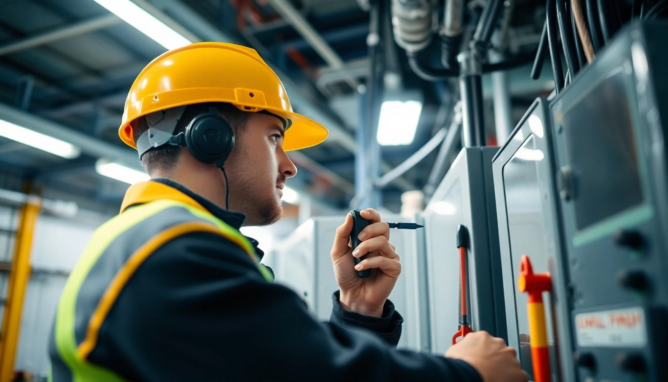 Technician performing DGUV V3 Prüfung on electrical equipment in a secure environment.