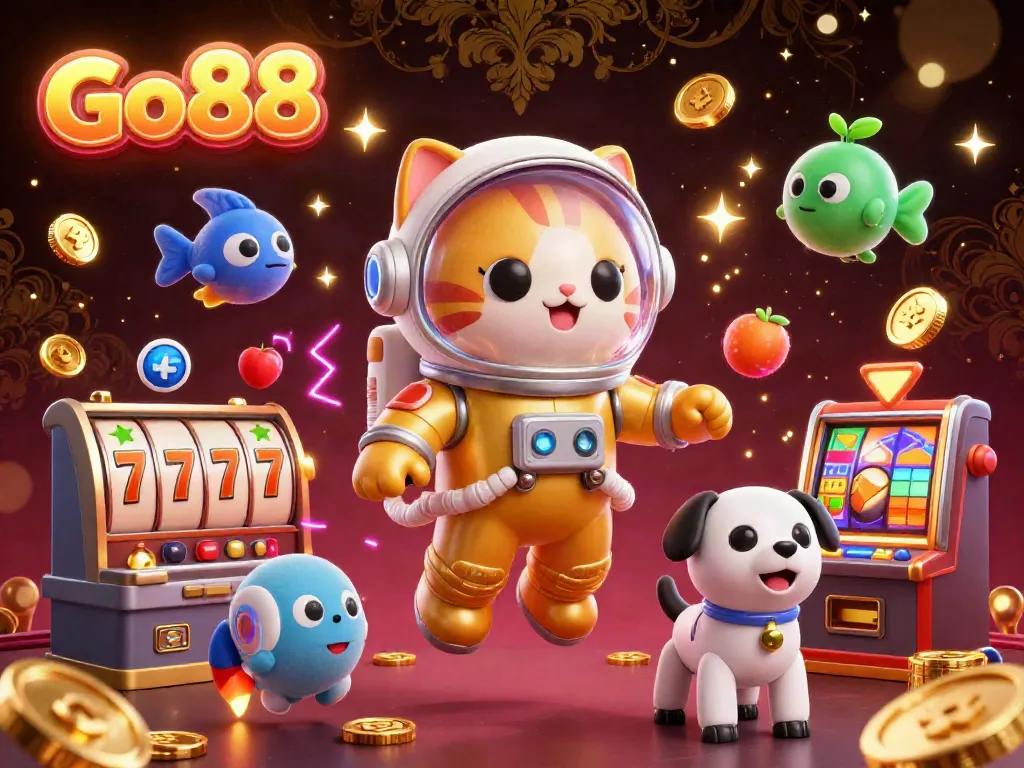 Experience the excitement of Go 88 with an astronaut cat, robot companion, and casino elements floating in space.