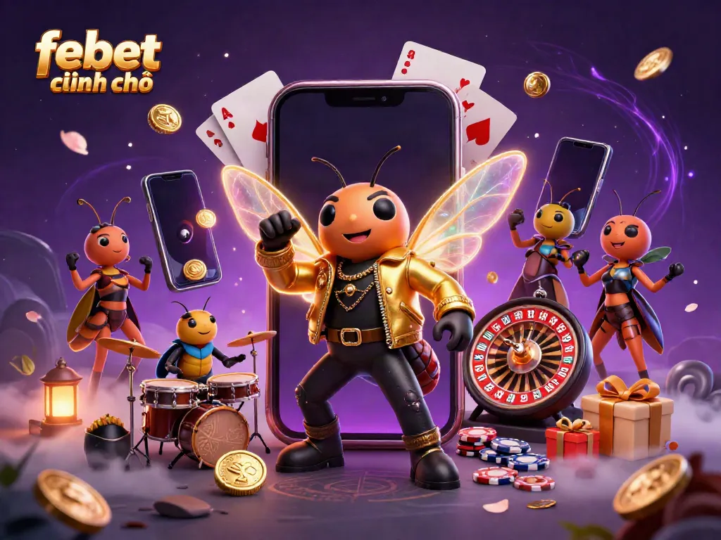 Experience the excitement of febet chính chủ with a buzzing rock star cicada and festive casino elements.