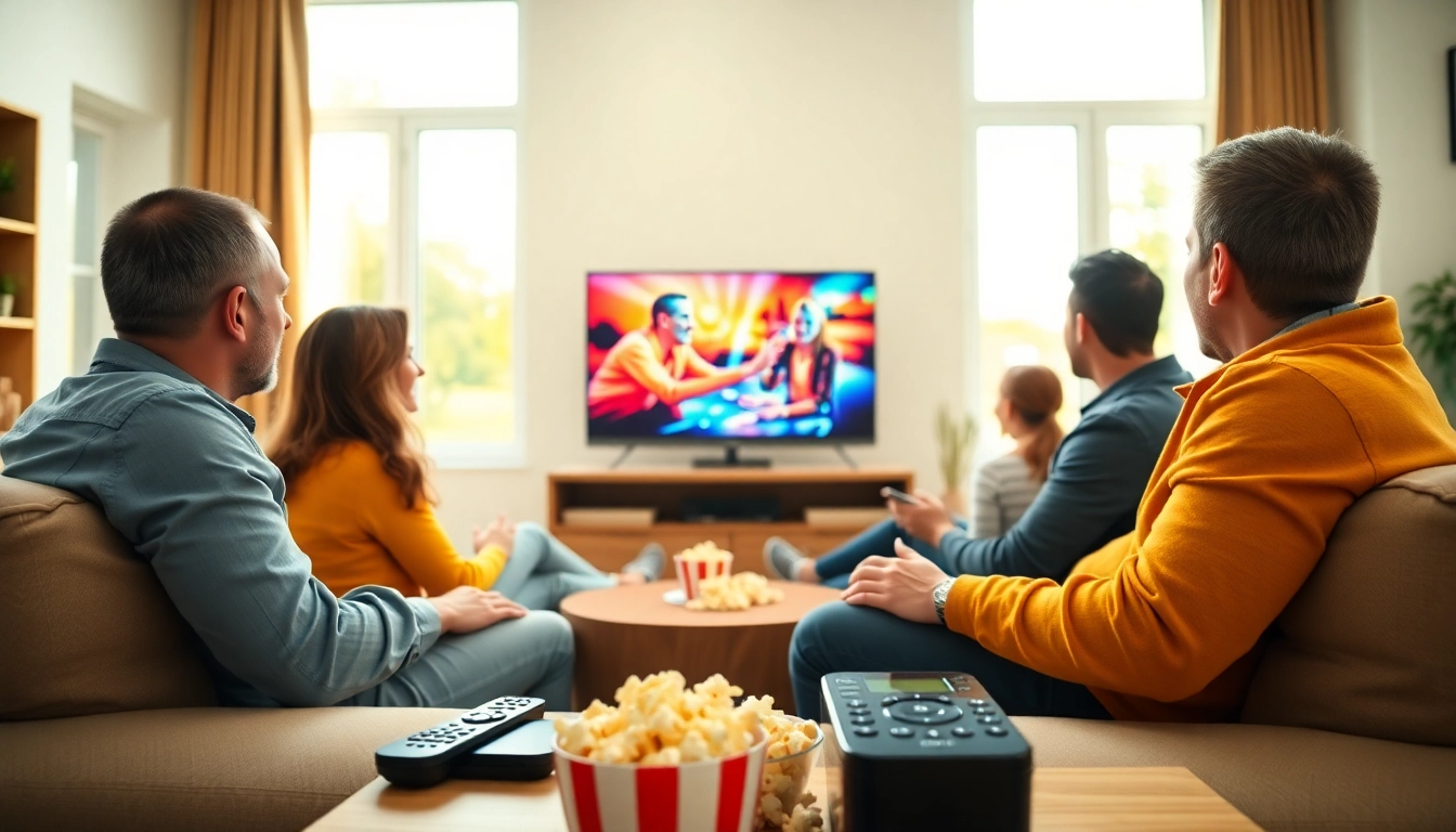Iptv Kaufen für ein besseres Fernseherlebnis zu Hause mit einer Familie auf einem gemütlichen Sofa.
