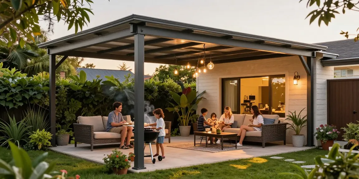 Moderne Terrassenüberdachungen im Familiengarten bei einer Grillfeier.