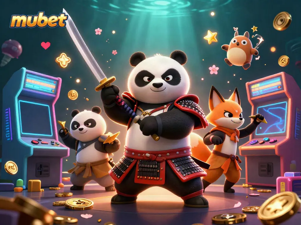 Engage in thrilling games at mubet with a lively scene of 3D characters and glowing gaming elements.