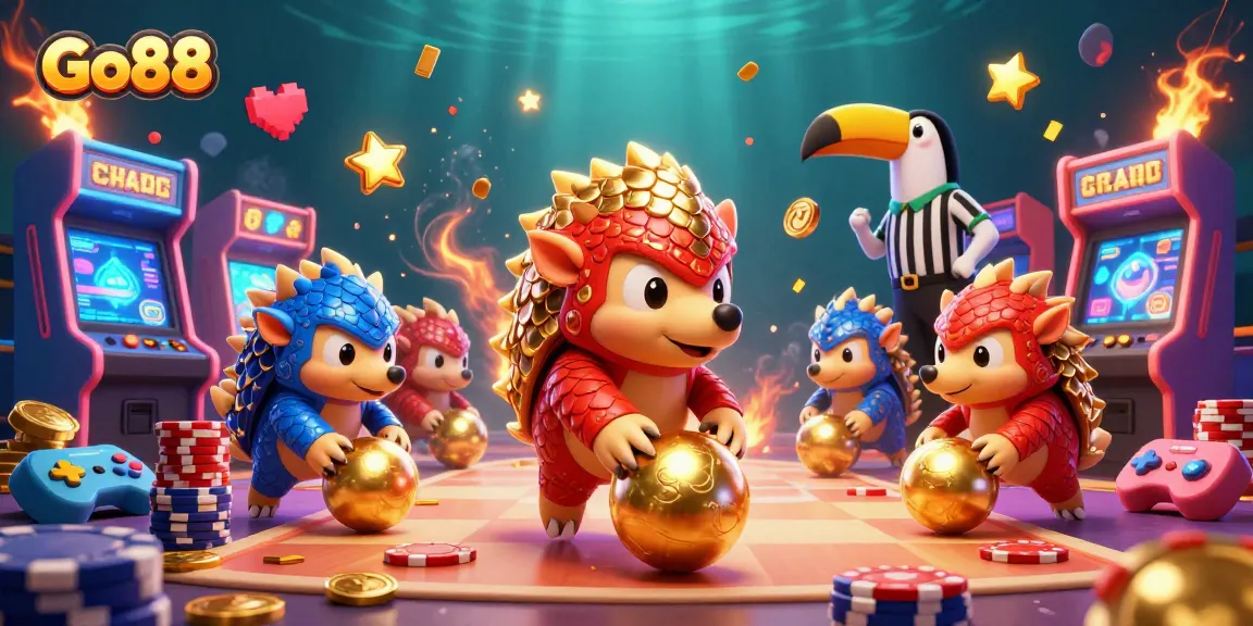 Go88 pangolins bowling over poker chips in a vibrant casino scene filled with arcade excitement.