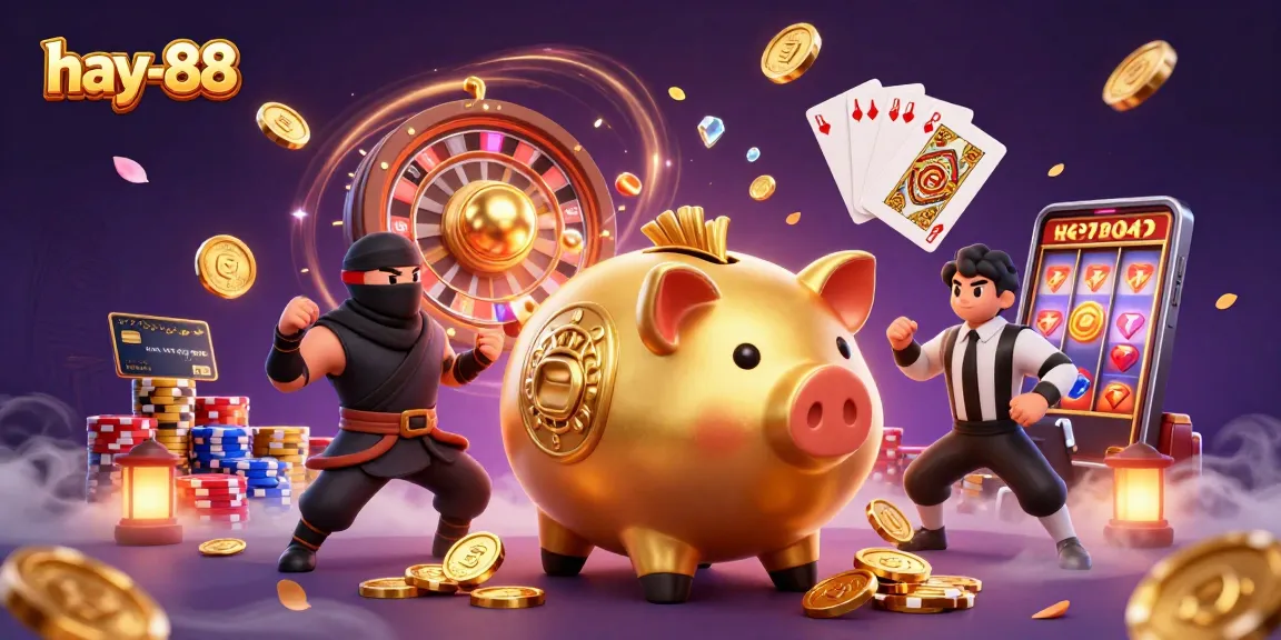 Experience excitement at hay-88 with golden coins cascading from a sumo wrestler in a playful casino scene.