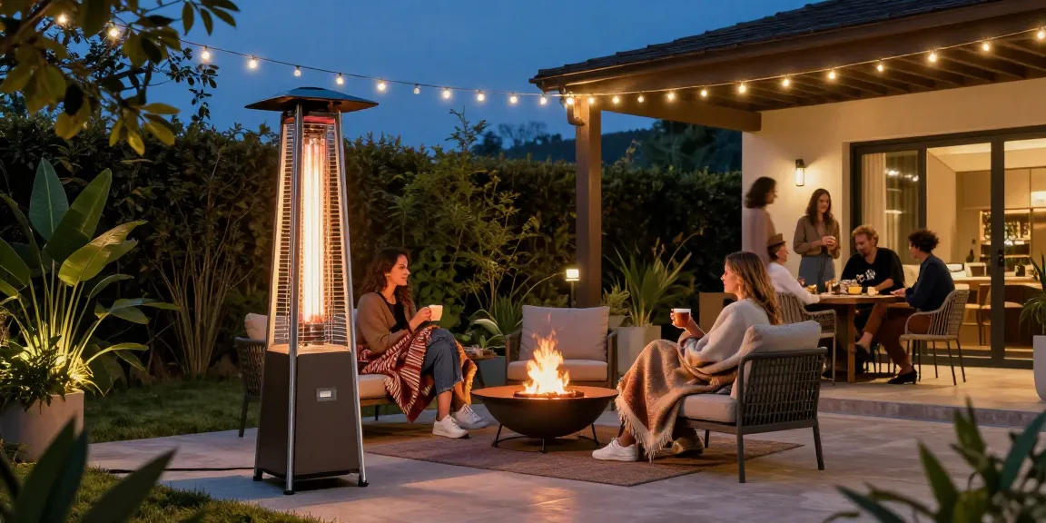 Gemütliche Außenszene mit Infrarot Heizstrahler, der eine Terrasse für abendliche Entspannung mit Freunden wärmt.