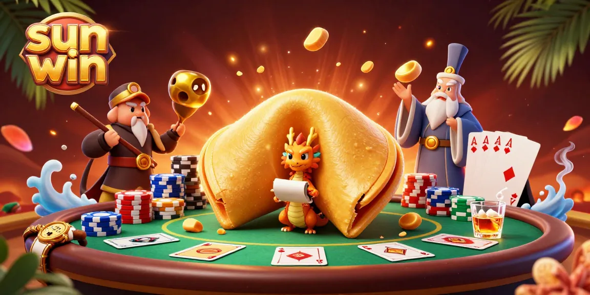 Experience the thrill of sun win with poker chips, a dragon, and a golden fortune cookie!