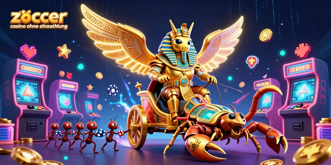 Zoccer casino ohne einzahlung showcases a golden scarab beetle in pharaoh armor with vibrant gaming elements in a dynamic 3D scene.