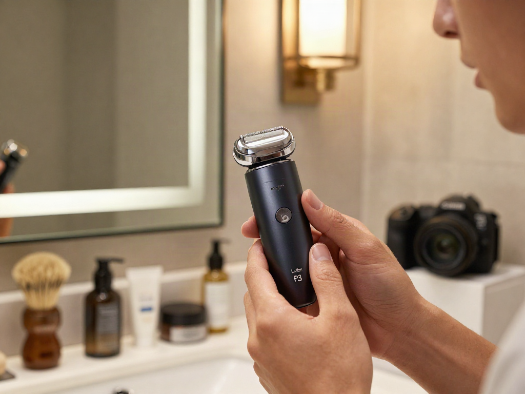 Professioneller Elektrorasierer von Laifen in stilvollem Badezimmer mit sanfter Rasur.
