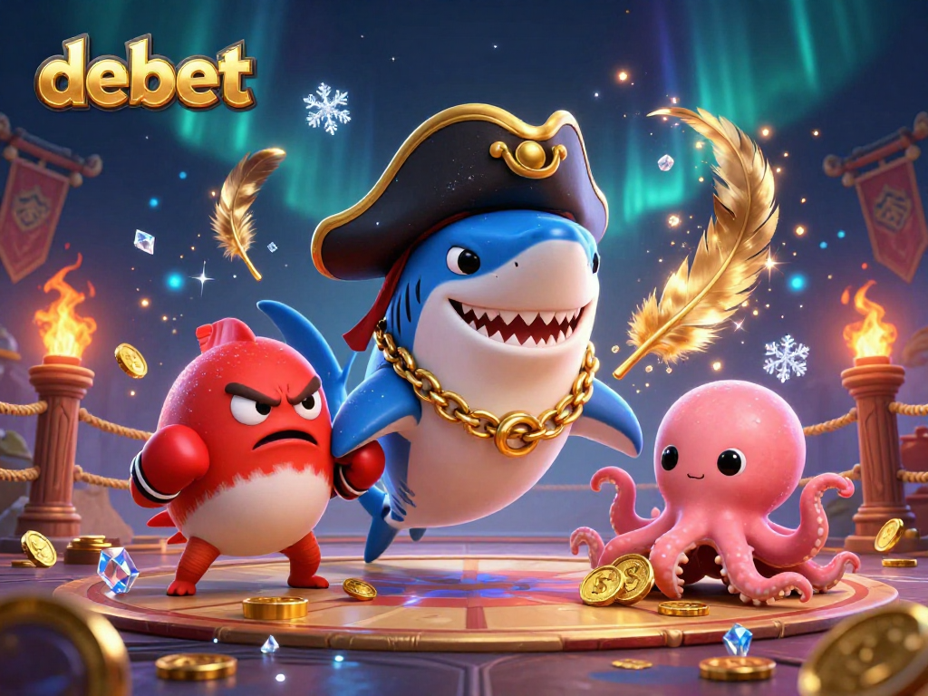 Experience thrilling games at debet with a cartoon pirate shark and friends in a lively casino scene.