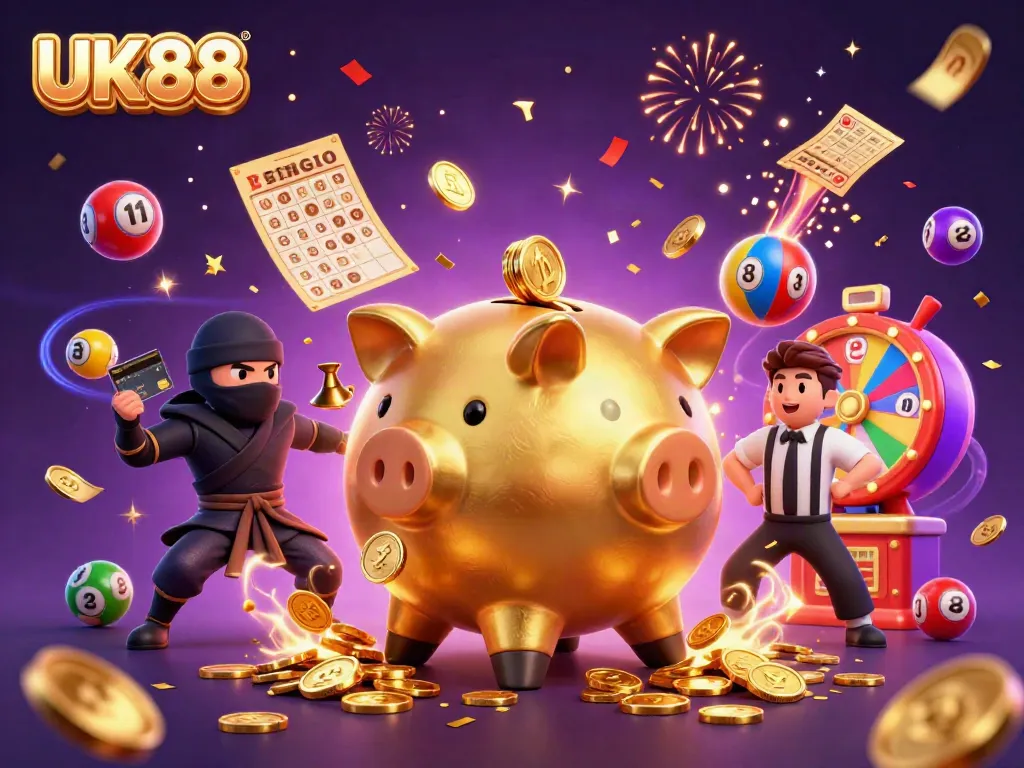 Experience exciting gaming at UK88 with vibrant characters and lottery-themed elements.