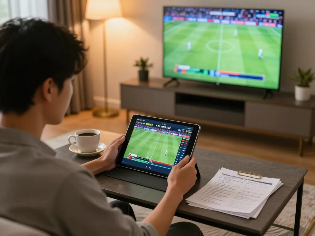 Engaged in แทงบอล betting while watching a live football match on a tablet at home