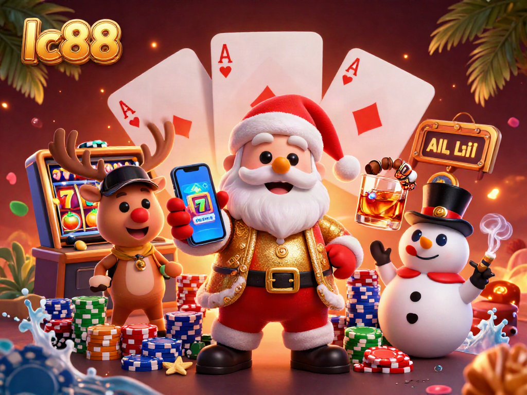 Enhance your gaming experience with lc88's vivid casino illustration showcasing festive characters and dynamic slot elements.