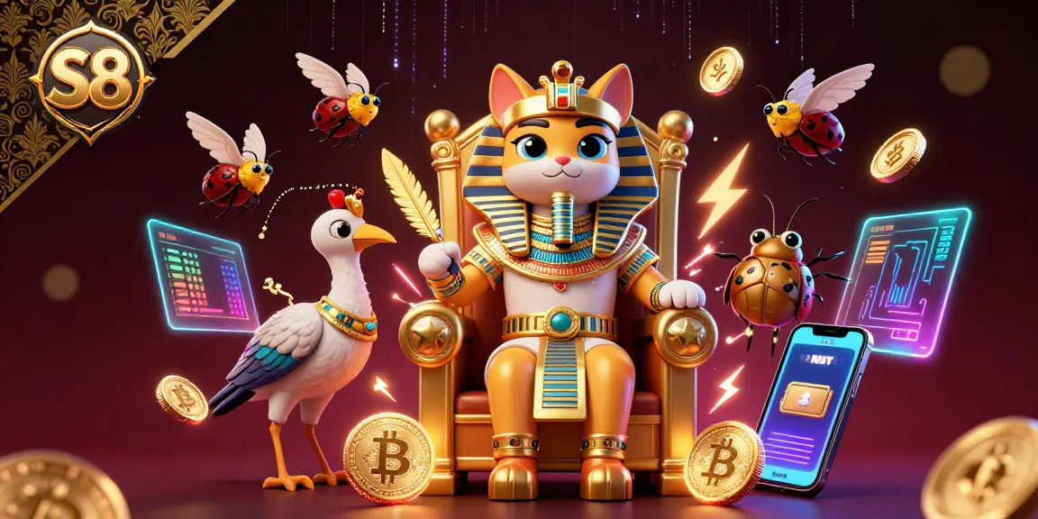 S8 interactive gaming experience featuring Egyptian pharaoh cat character among vibrant casino elements.