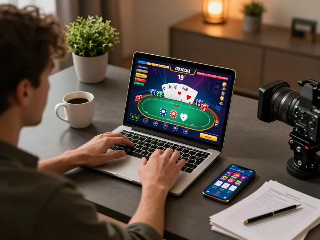 Play poker at O8 SOCIAL using a laptop, showcasing a strategic home gaming scene.