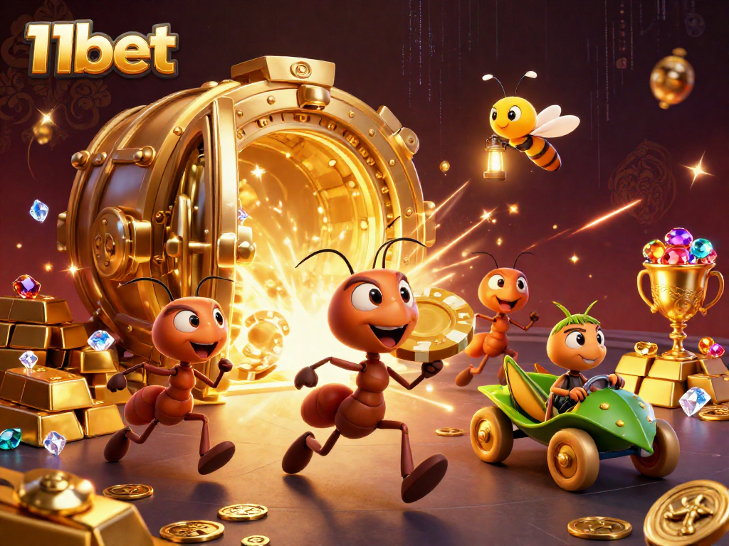 Experience the thrilling heist of ants for the golden poker chip at 11bet in a vibrant 3D scene.