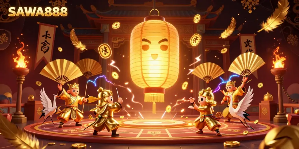 SAWA888 gaming scene with a glowing lantern spirit and golden warriors, surrounded by casino elements.