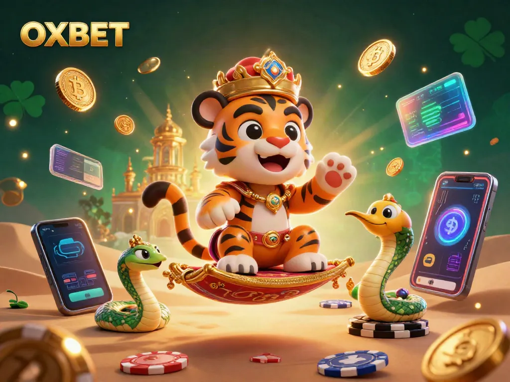 Experience the vibrant world of OXBET with a tiger sultan on a flying carpet amidst crypto elements and a magical palace.