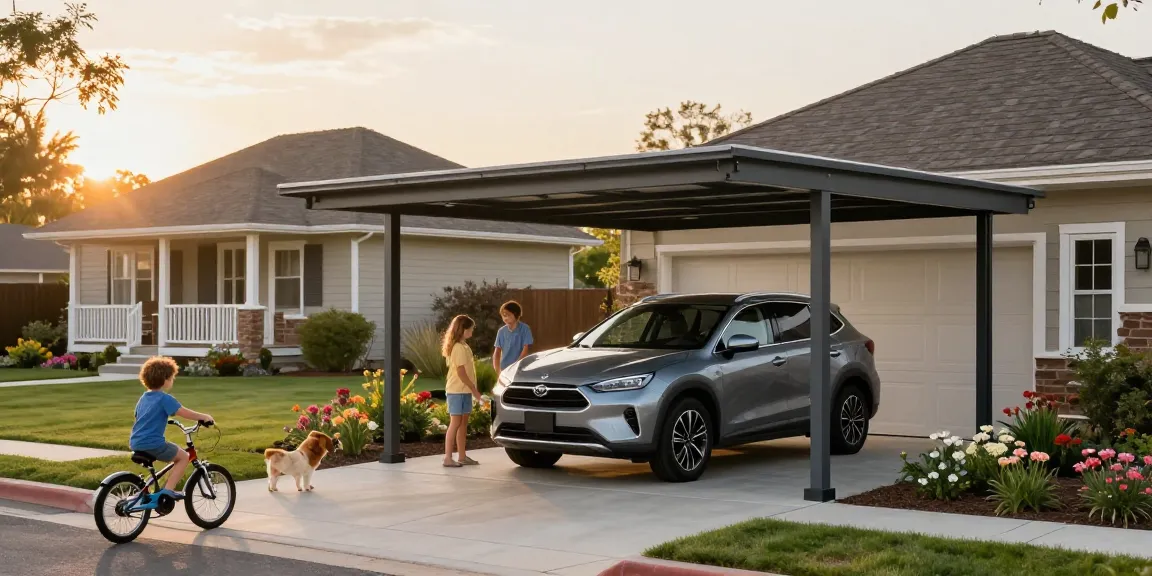 Moderne Carport-Struktur schützt das Fahrzeug vor Witterungseinflüssen in einem einladenden Vorort.