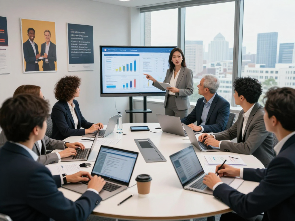 Wissen / Blog-Hub: Engaged professionals collaborating in a modern business conference room.