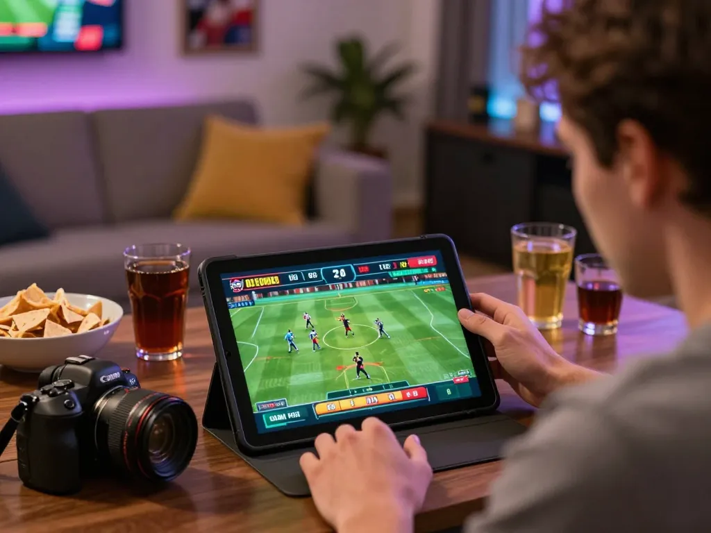 F168 player engaging in sports betting on a tablet, showcasing a lively home casino atmosphere