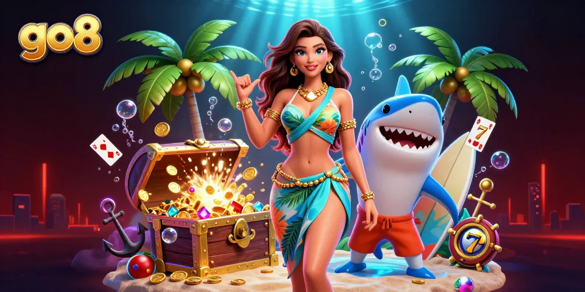 Engage in exciting gameplay at go8 with rich visuals, including a beach goddess and dynamic casino elements.
