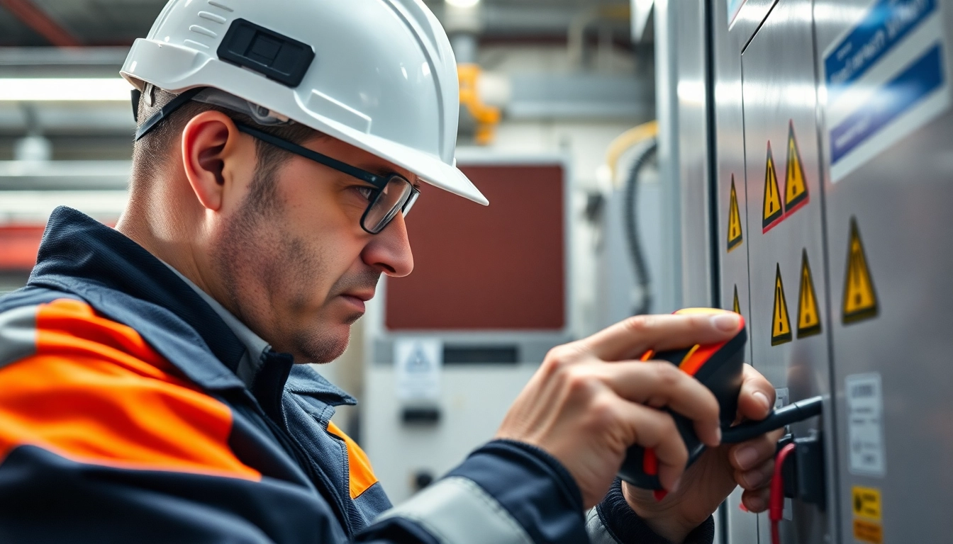 DGUV V3 Prüfung in action: Technician performing safety inspection for electrical equipment.