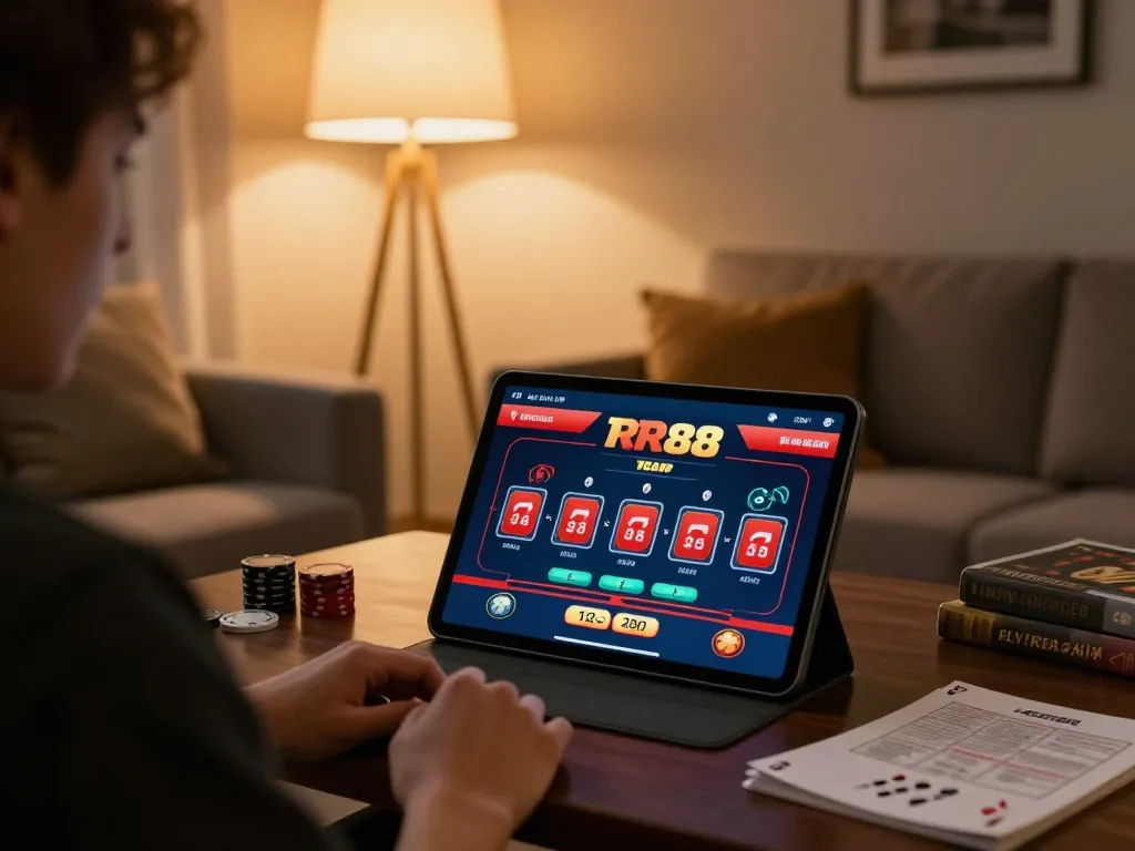 Player engaging in strategic blackjack on the RR88 app while relaxing at home in cozy surroundings
