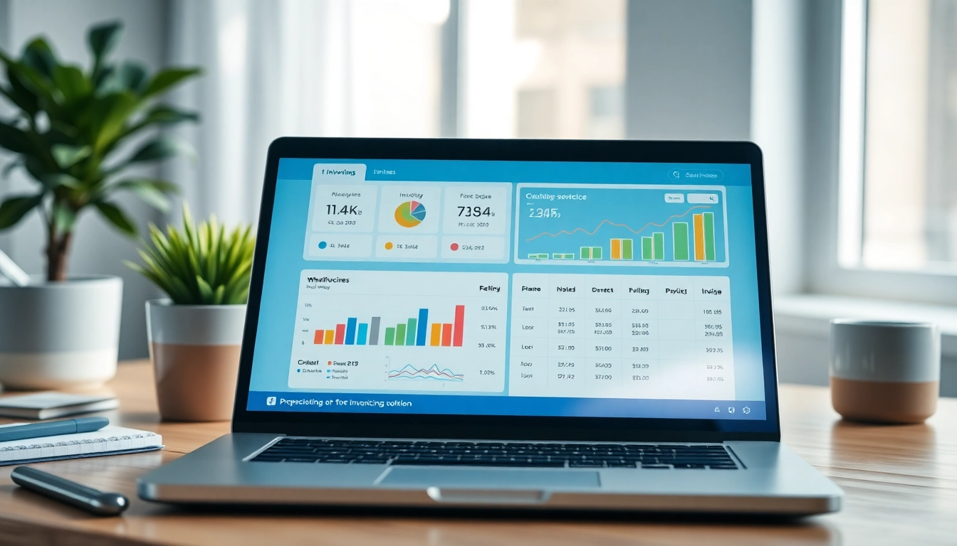 EffizienteSoftware E-Rechnung kostenlos auf einem Laptop angezeigt mit Grafiken und modernen Büromaterialien.