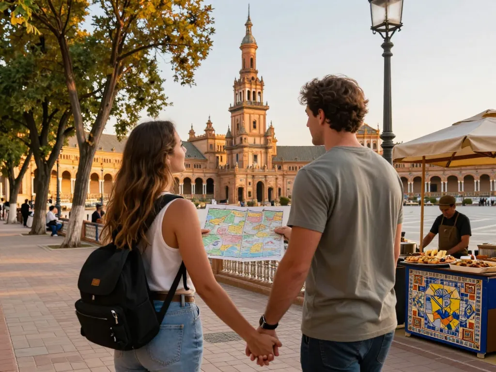 Reisetipps Sevilla: Paar erkundet lebhafte Straßen und Plaza de España während des Sonnenuntergangs.