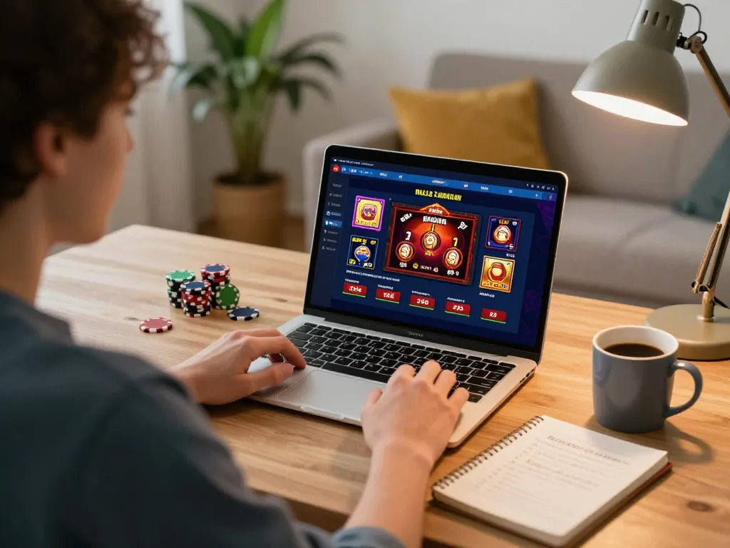 Engaged player enjoying Trang chủ GG88 on a laptop with warm home ambiance.