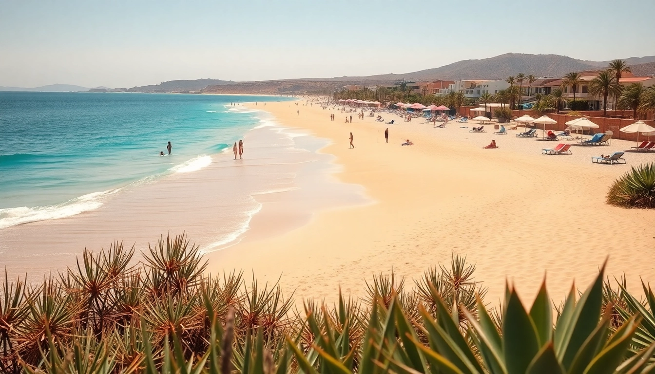 Fuerteventura's picturesque beach with golden sands and turquoise waters.