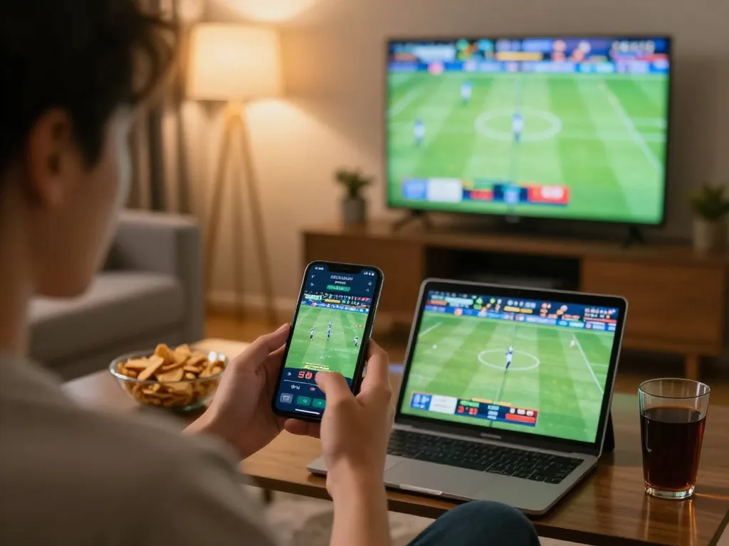 Engaging in live sports betting with da88 on a smartphone in a cozy home setup.