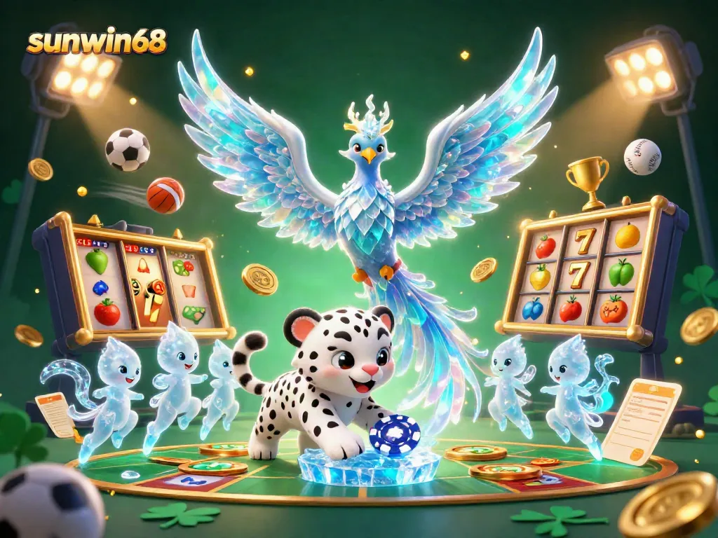 Experience thrilling wins at sunwin68 with vibrant casino games and a magical atmosphere in this 3D illustration.