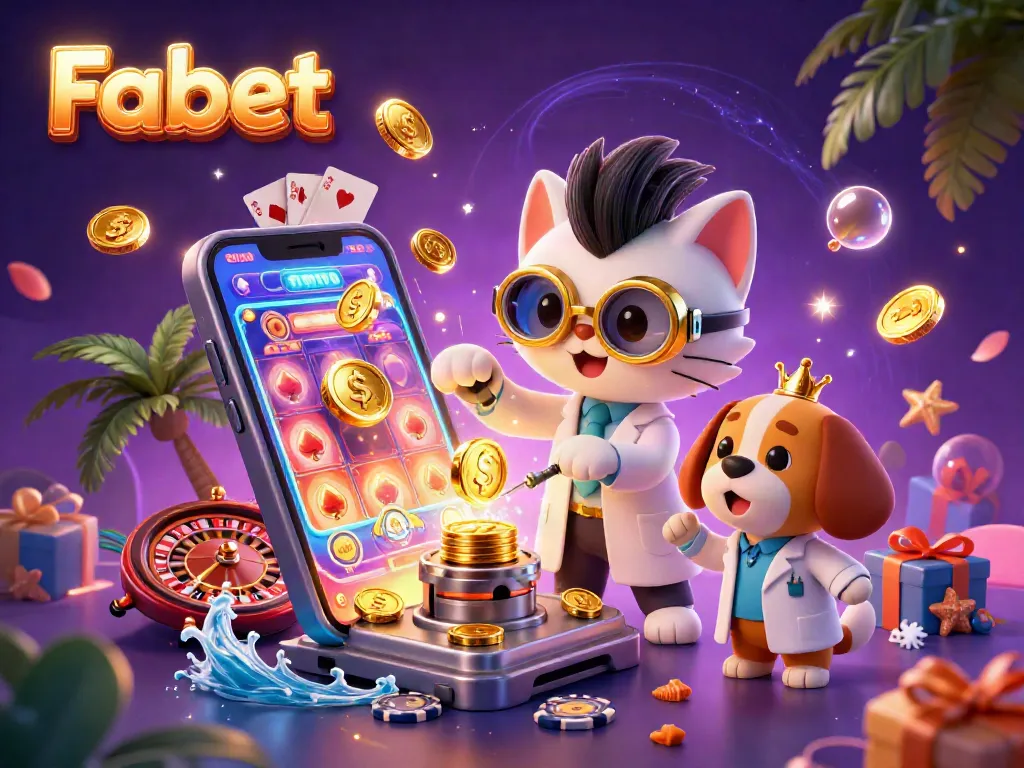 Fabet spins golden coins while a mad scientist cat creates a jackpot machine in this dynamic casino scene.