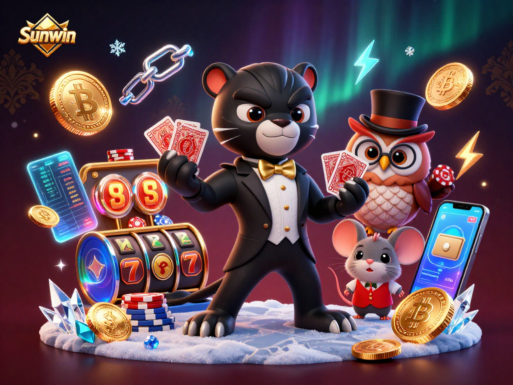 Win big at Sunwin with engaging card games and vibrant 3D characters in a dynamic casino scene.