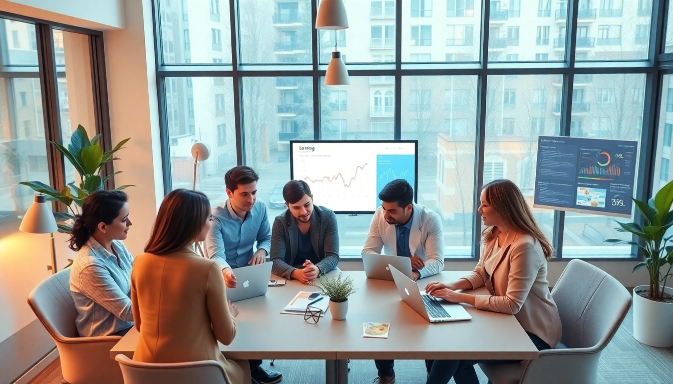Creative team brainstorming at a werbeagentur pflege in a bright office.