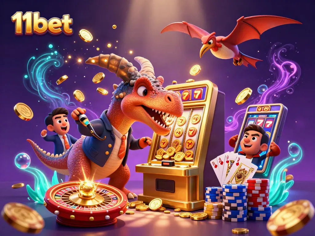 Experience thrilling jackpots at 11bet with cartoon dinosaurs and vibrant casino elements!