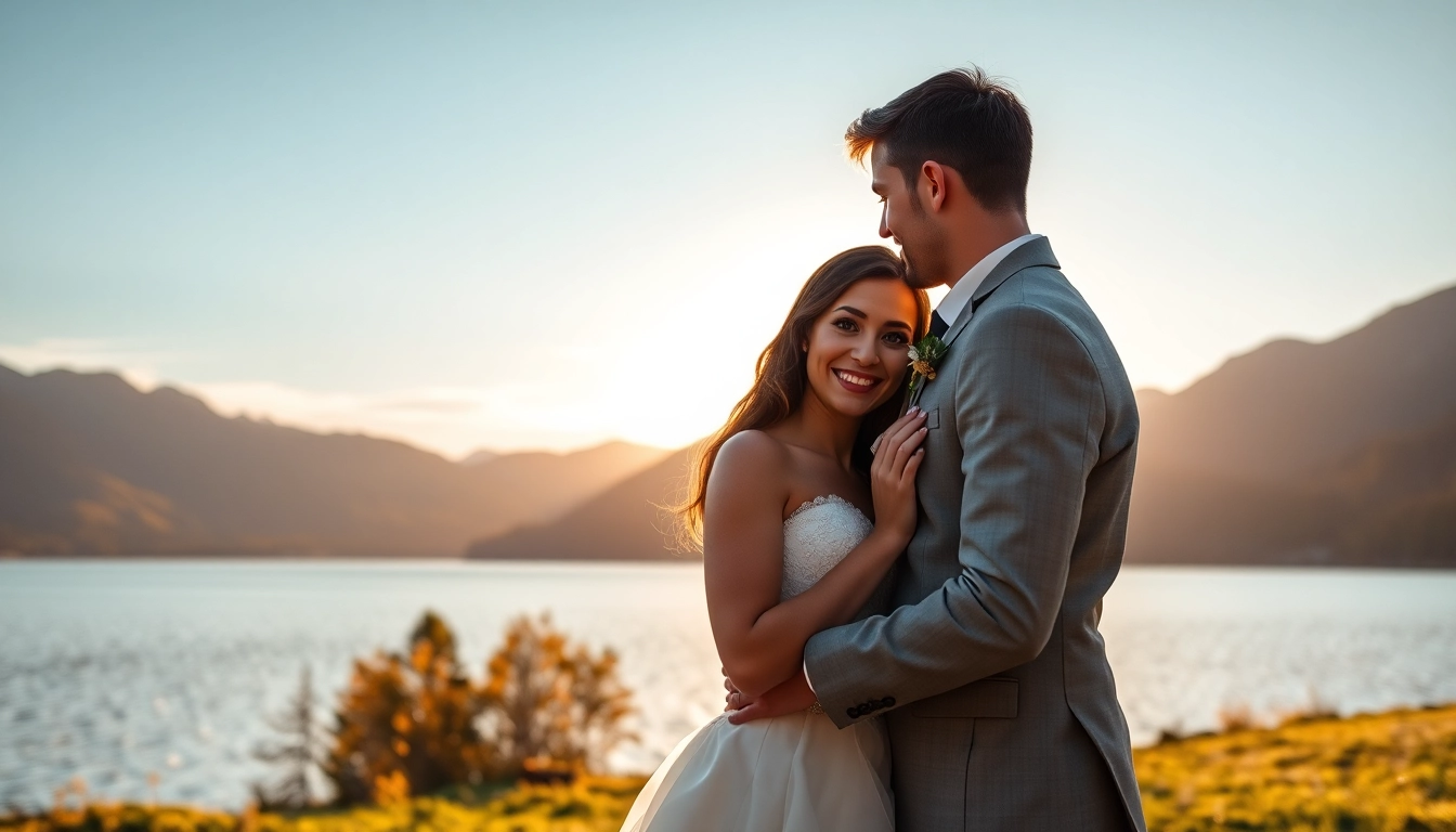 Hochzeitsfotograf Tegernsee fotografiert ein Paar bei Sonnenuntergang am idyllischen Tegernsee.