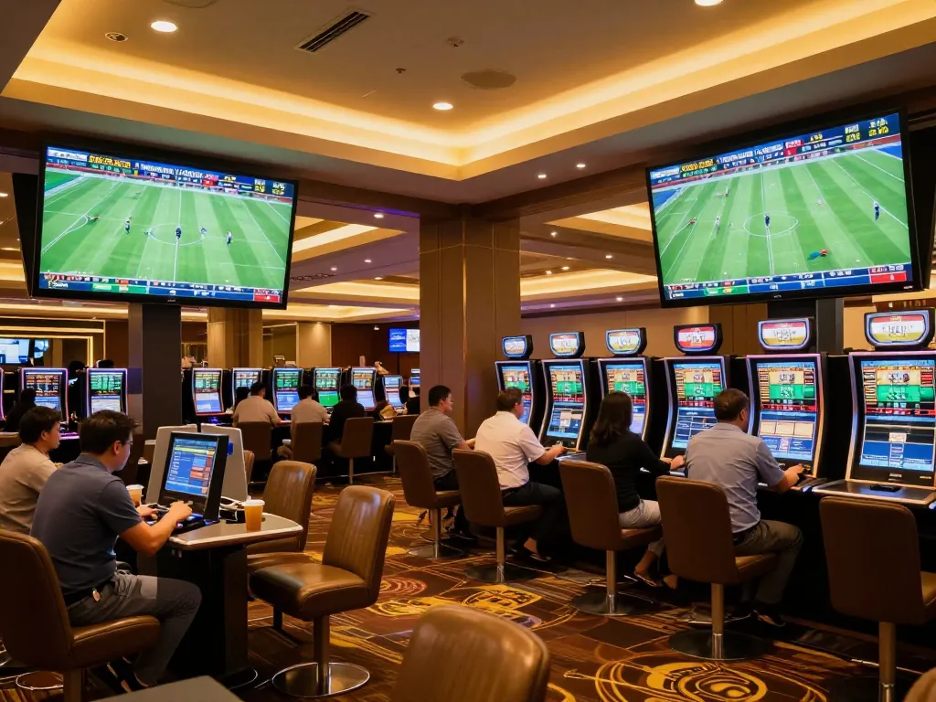 Watch live football matches on large screens while placing bets at the sports betting area, featuring บ้านผลบอล7m for easy score tracking.