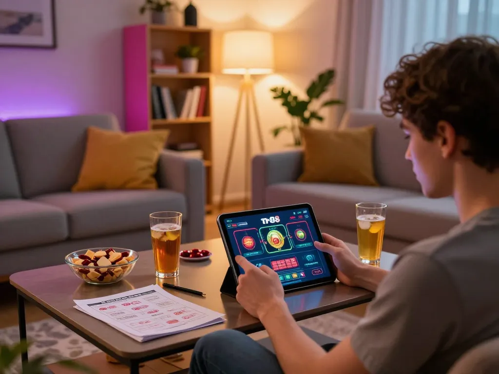 Player engaged in tr88 online gaming on a tablet surrounded by betting notes and snacks.