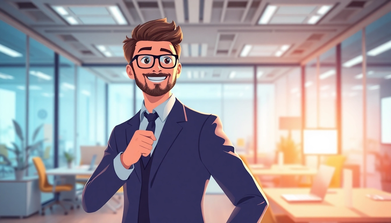 Unternehmensanimation zeigen, die im modernen Büro mit lebendigen Farben und professionellen Charakteren erstellt wird.