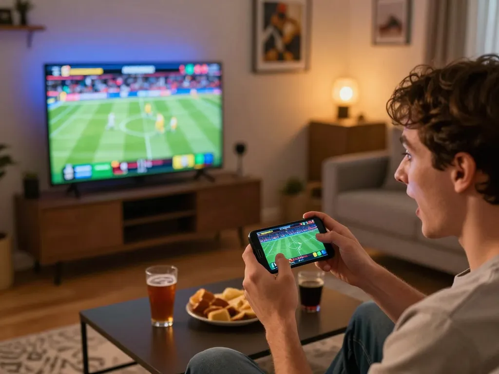 Go99 user engaging in live sports betting on mobile while enjoying a game, showcasing excitement and strategy.