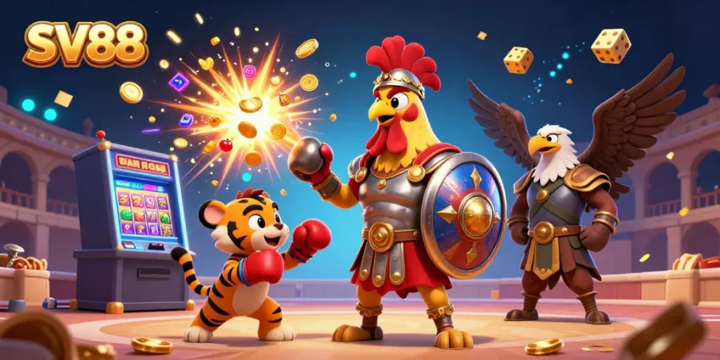 Engage in thrilling casino adventures with SV88, featuring a rooster warrior and dynamic gameplay elements.
