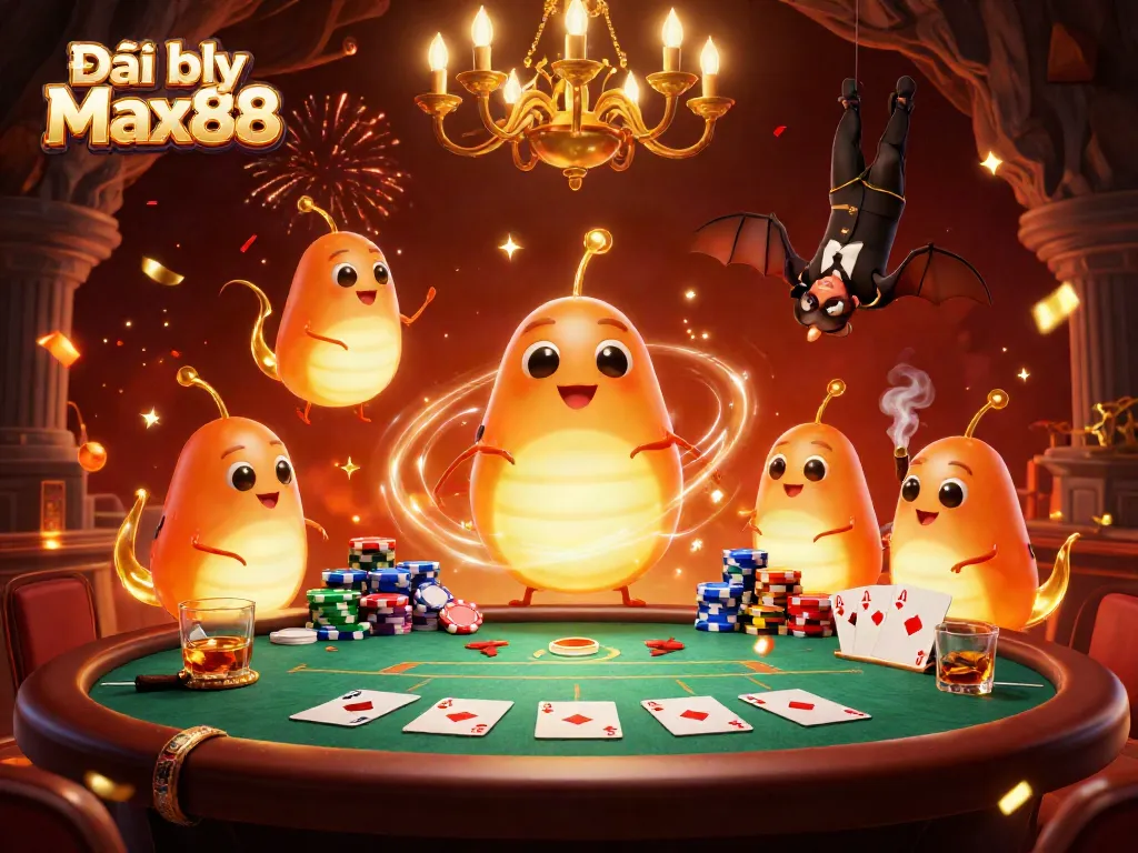 Engaging scene of Đại lý Max88 with glowworms lighting a whimsical casino atmosphere filled with poker elements.
