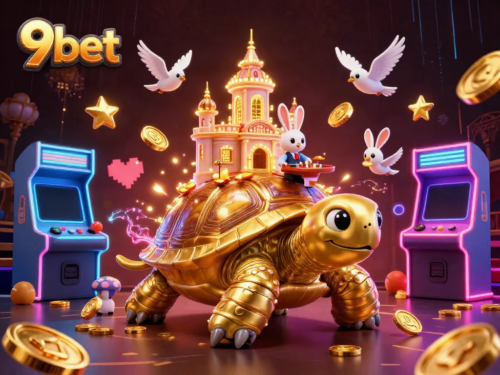 Experience the vibrant world of 9bet with this 3D casino illustration featuring a golden tortoise and interactive game elements.